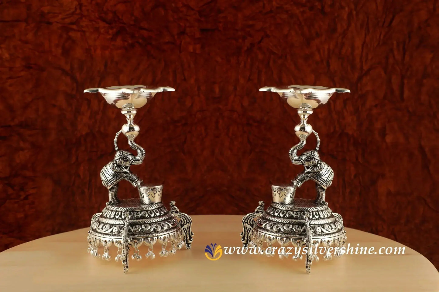 Antique Elephant Diya Pair Crazy Silver Shine