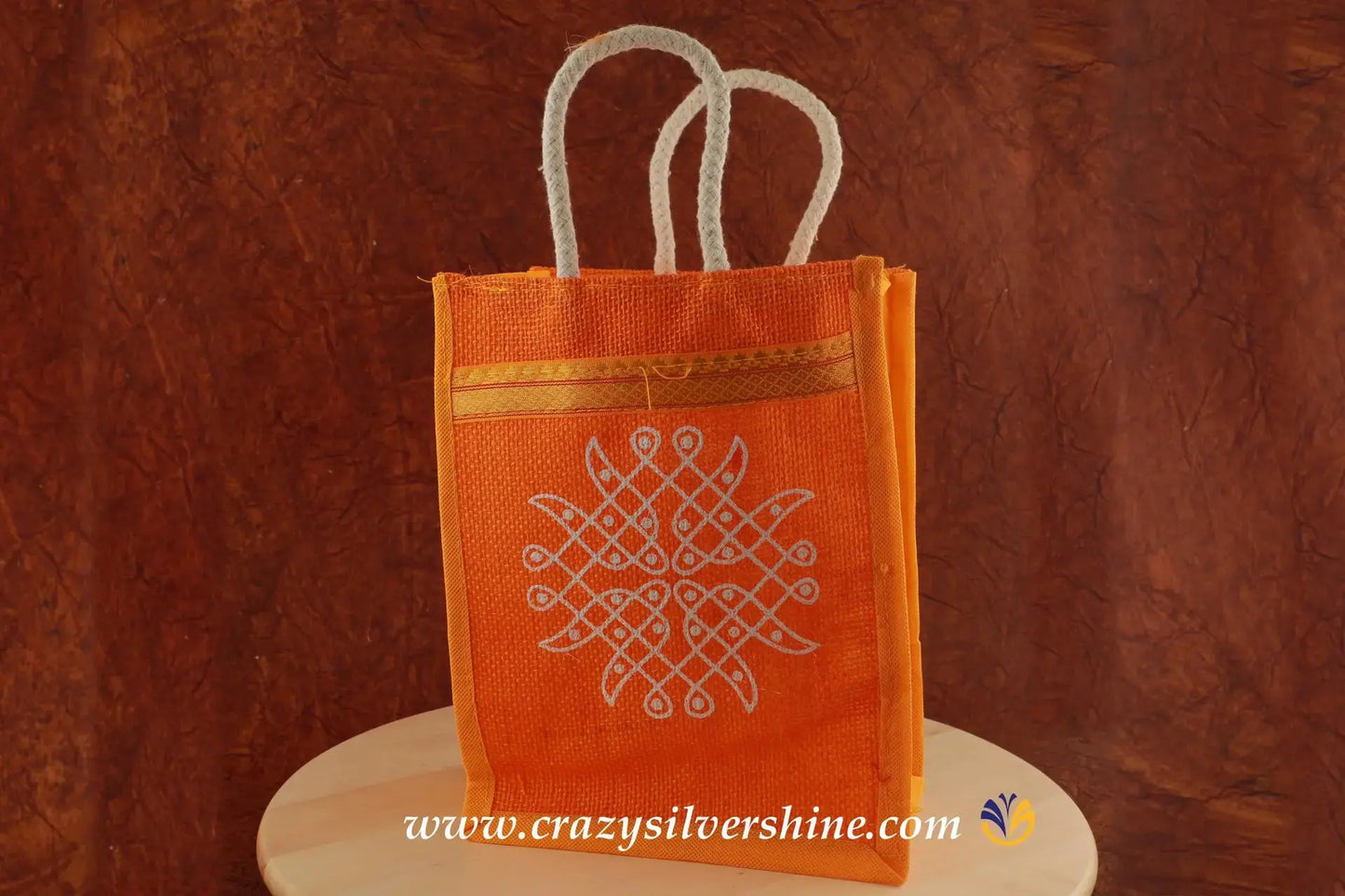 Return Gift Jute Bag Orange Crazy Silver Shine
