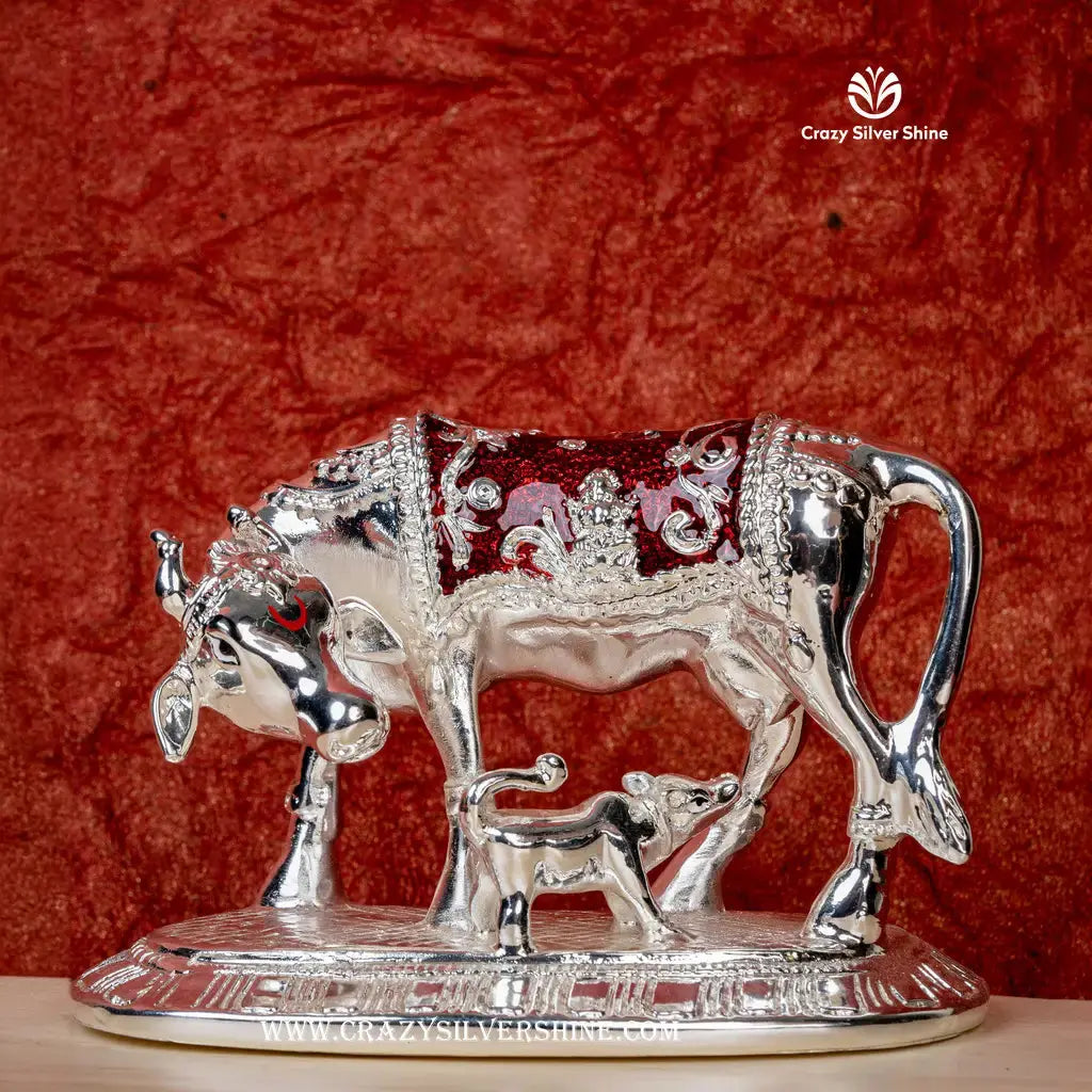 Silver Plated Cow and Calf Red color Crazy Silver Shine