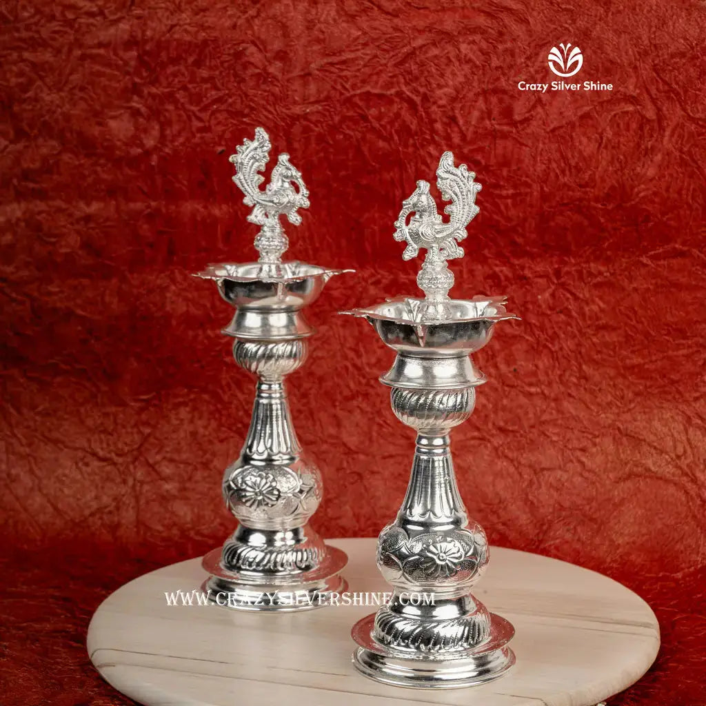 German Silver Nakshi Diyas Pair 13 Inches