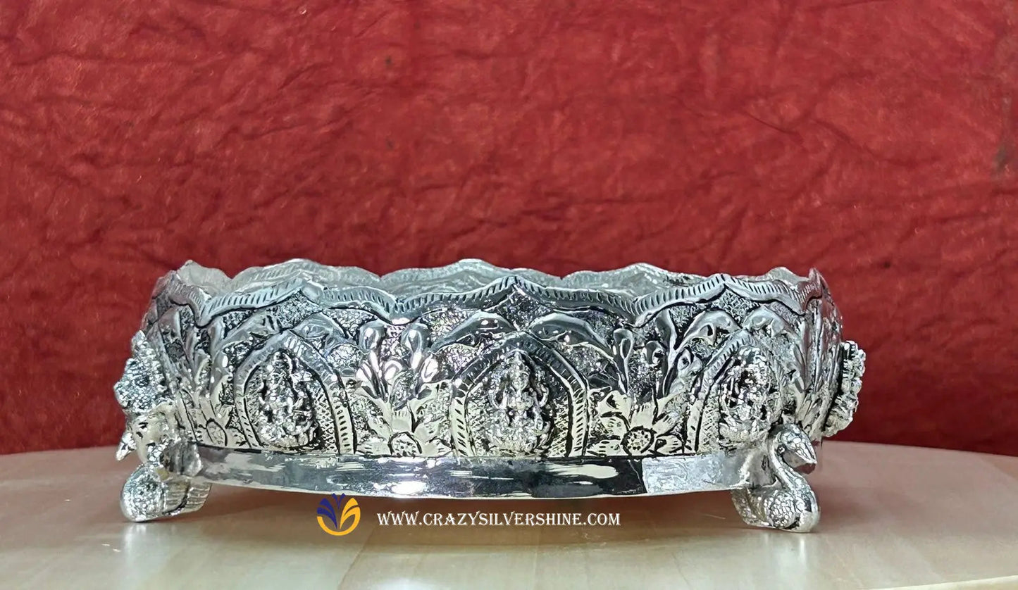 Lotus Shaped Antique Lakshmi Plate With Swan legs Crazy Silver Shine