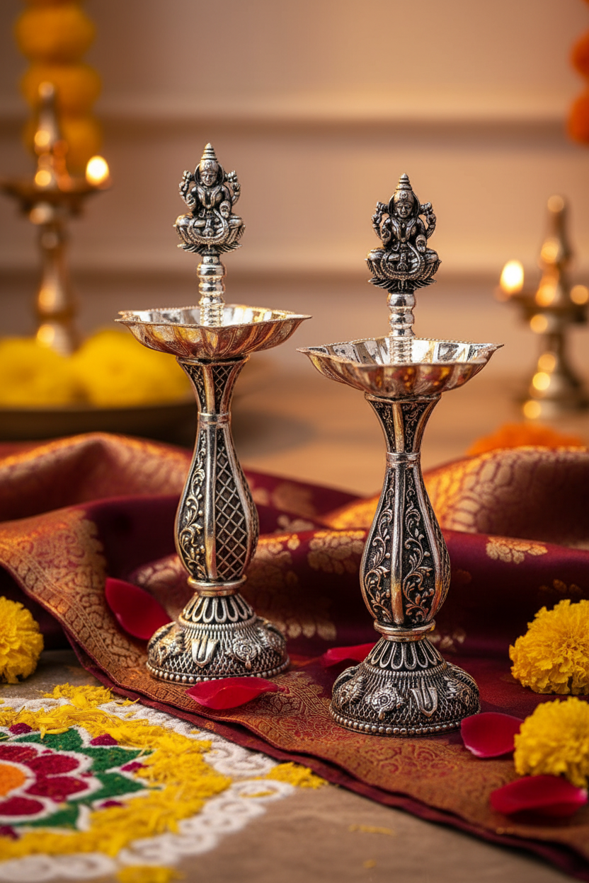 9 Inch Antique Lakshmi Diya Pair Crazy Silver Shine