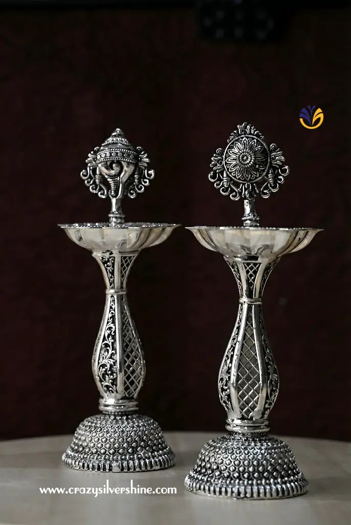 Antique Shanku Chakra Diya Pair Crazy Silver Shine