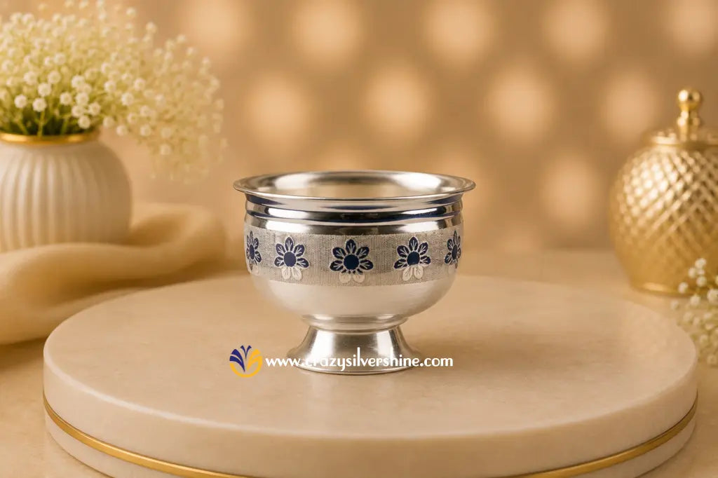 Flower Design Stand Bowl Crazy Silver Shine