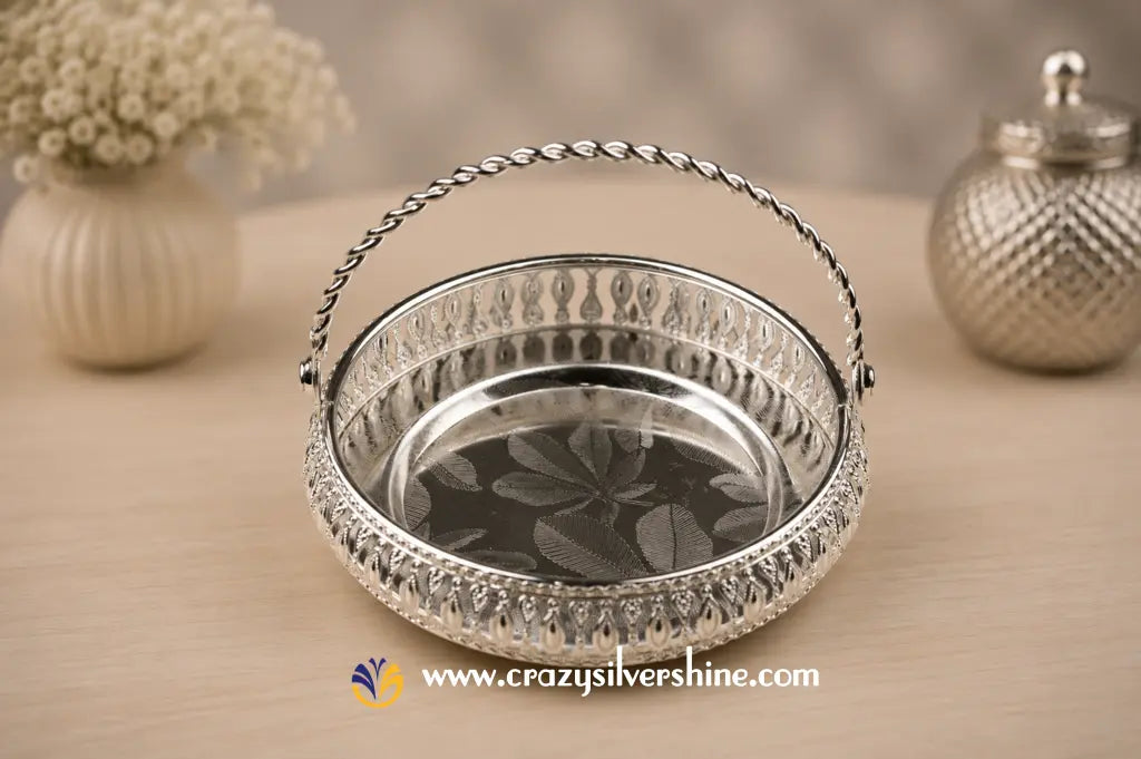 6 Inch Flower Design Handle Tray Crazy Silver Shine