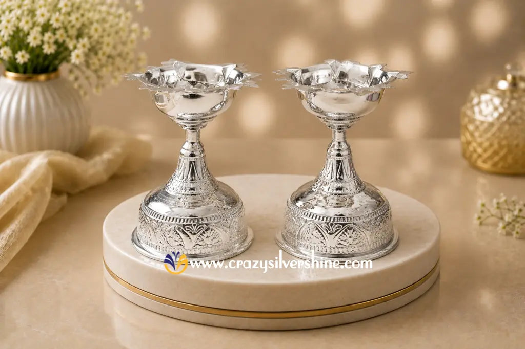 5 Inch German Silver Diyas Pair Crazy Silver Shine