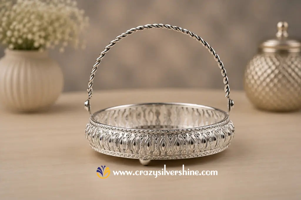 6 Inch Flower Design Handle Tray Crazy Silver Shine
