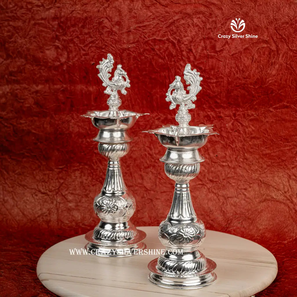 German Silver Nakshi Diyas Pair 13 Inches