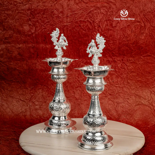 German Silver Nakshi Diyas Pair 13 Inches
