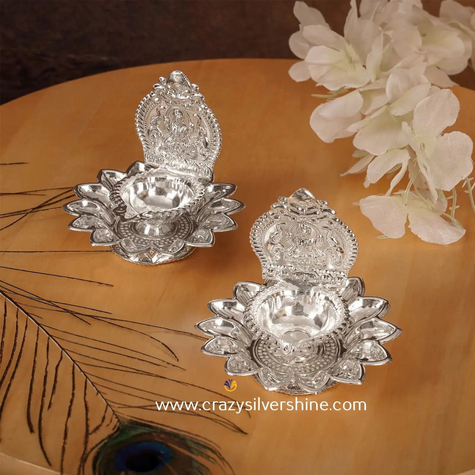 Lotus Lakshmi Diya Pair Crazy Silver Shine