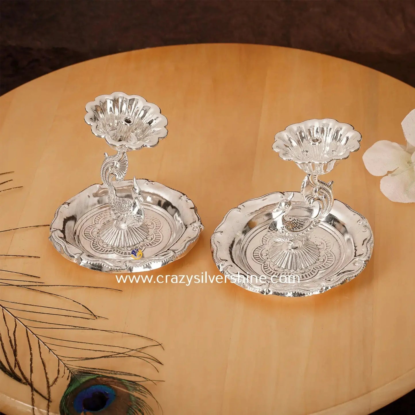 Peacock Diya Pair Crazy Silver Shine