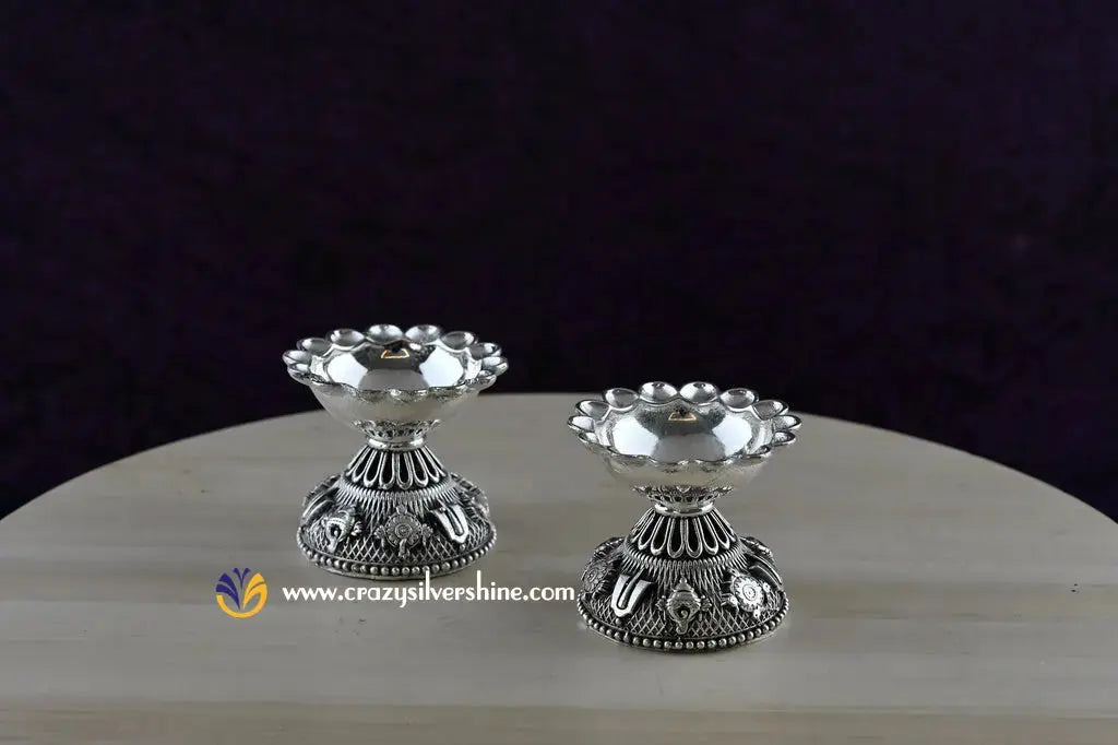 Silver Palted Antique Small Shanku Chakra Diya Pair Crazy Silver Shine
