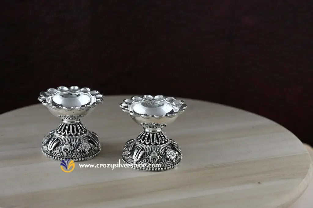 Silver Palted Antique Small Shanku Chakra Diya Pair Crazy Silver Shine