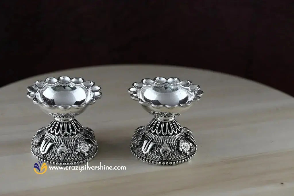 Silver Palted Antique Small Shanku Chakra Diya Pair Crazy Silver Shine