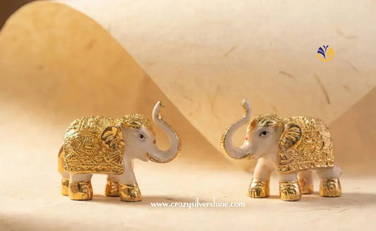 Gold Plated Ivory Elephant Pair Crazy Silver Shine