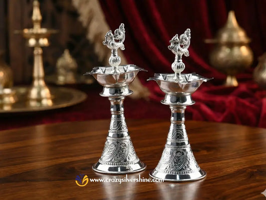 German Silver Peacock Diyas - Premium Handcrafted Pair Crazy Silver Shine