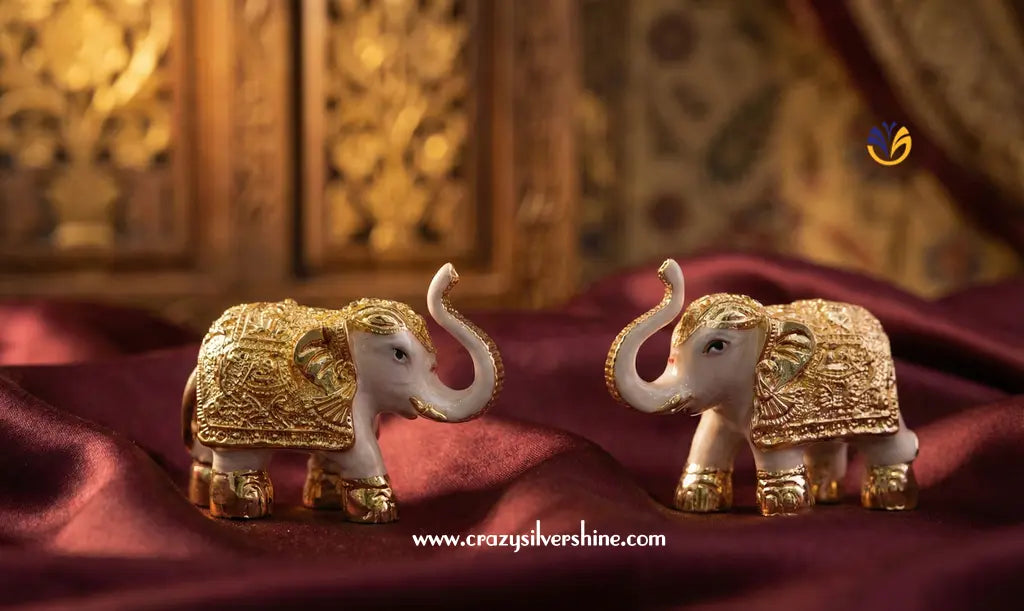 Gold Plated Ivory Elephant Pair Crazy Silver Shine