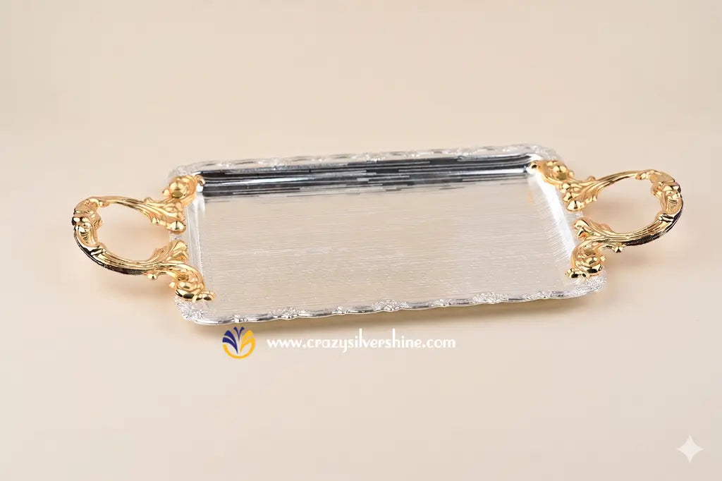 Gold and Silver Plated Rectangle Handle Tray – 12 Inches Crazy Silver Shine