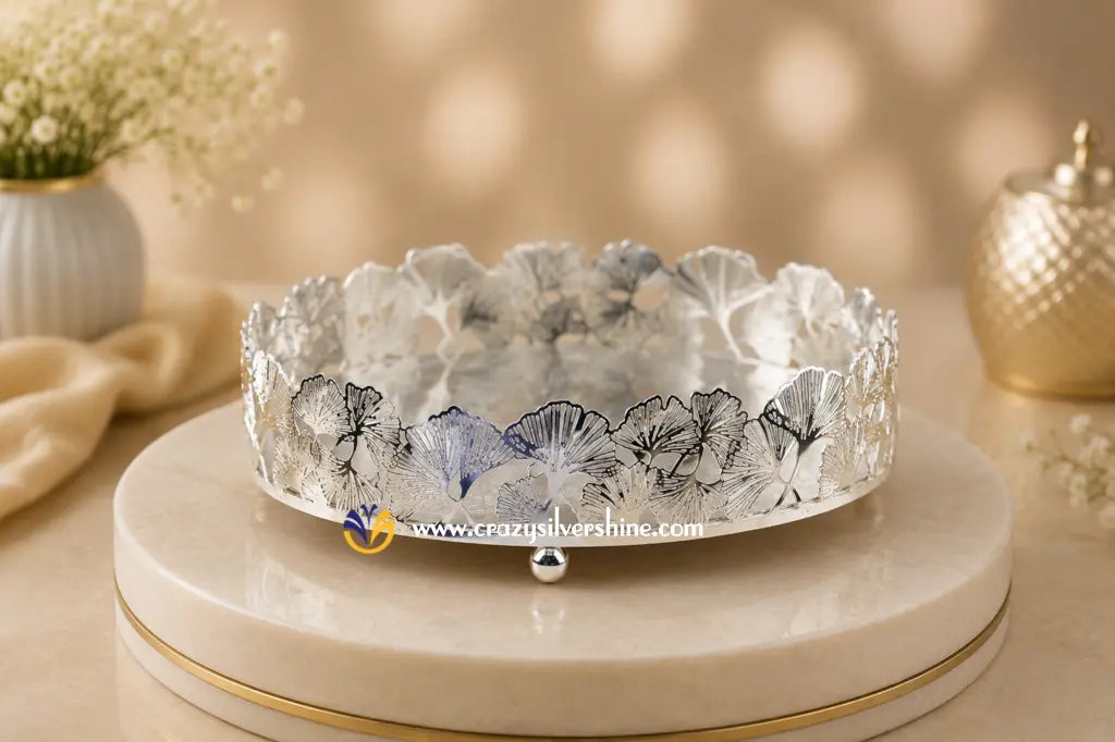10 Inch Round Shaped Ginkgo leaves Design Tray Crazy Silver Shine