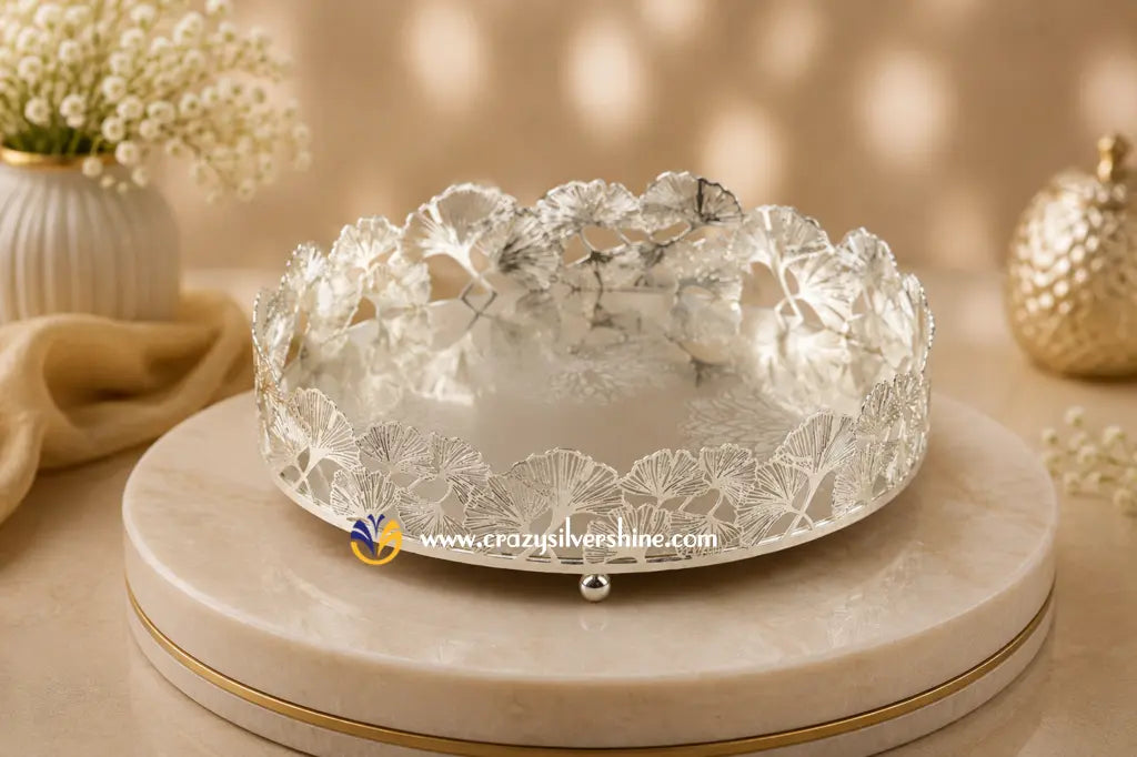 10 Inch Round Shaped Ginkgo leaves Design Tray Crazy Silver Shine