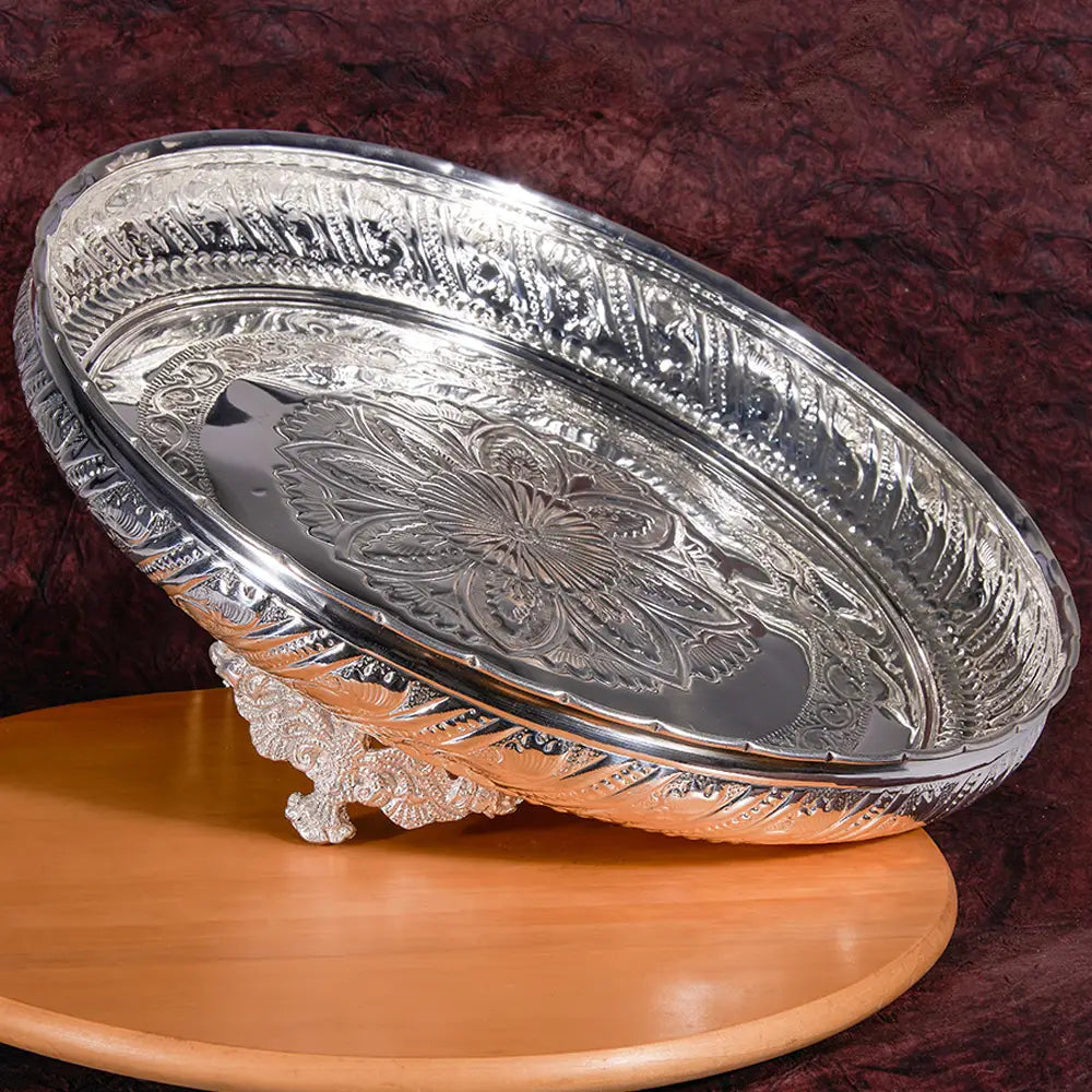 German Silver Fancy Plate 14 Inches Crazy Silver Shine