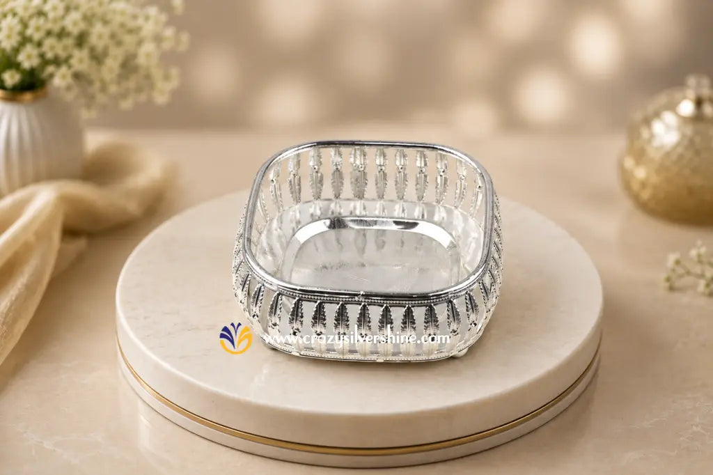 4 Inch Leaf Shaped Square Silver Plated Tray Crazy Silver Shine