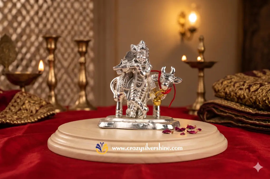 Cow and Calf with Krishna German Silver Idol Crazy Silver Shine